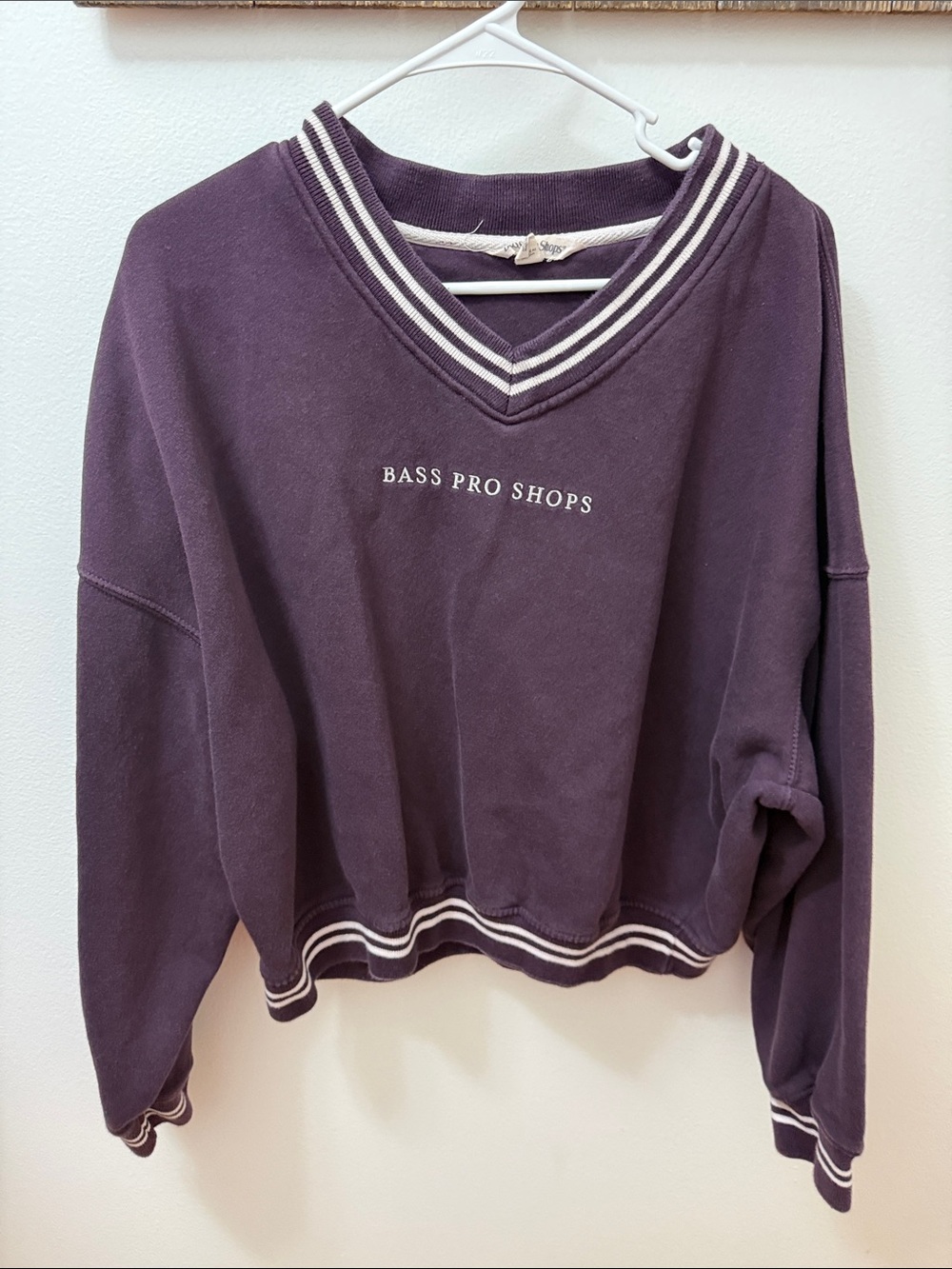 Bass Pro Shops Plum V-Neck Cropped Sweater with Striped Trim